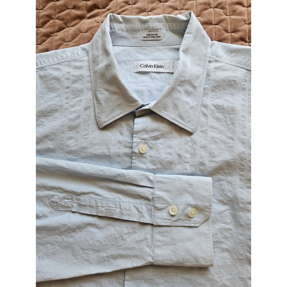 Calvin Klein Men's 100% Cotton Blue Vertical Striped Texture Long Sleeve Shirt L